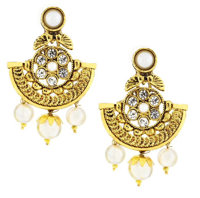 Traditional 22K Gold Plated Chand Bali Kundan CZ Pearl Earring For Women