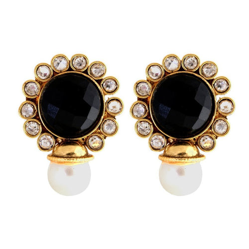 Black Stone Kundan Pearl Stud Earring For Women