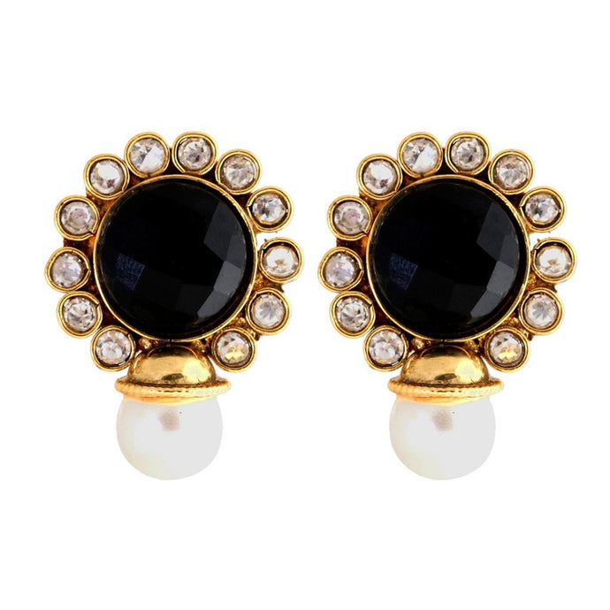 Black Stone Kundan Pearl Stud Earring For Women