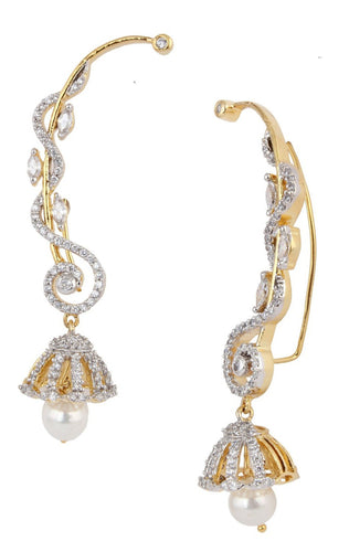 American Diamond Rhodium Pearl Jhumki Ear Cuff Pair Earring For Women