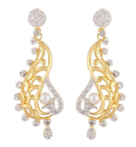 American Diamond Pearl Gold Plated Filigree Dangling Earring For Women