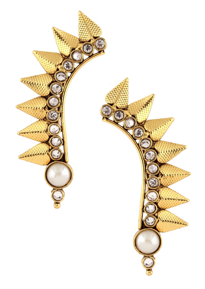 American Diamond Pearl Antique Gold Leaf Ear Cuff Pair Earring For Women