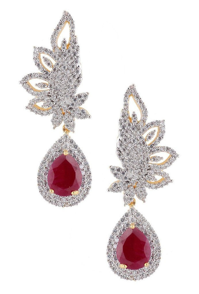 American Diamond CZ Ruby Red Leaf Rhodium Festive Cluster Earring For Women