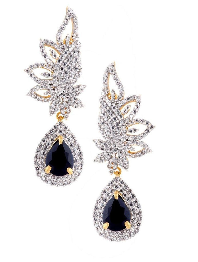 American Diamond CZ Sapphire Blue Leaf Rhodium Festive Cluster Earring For Women