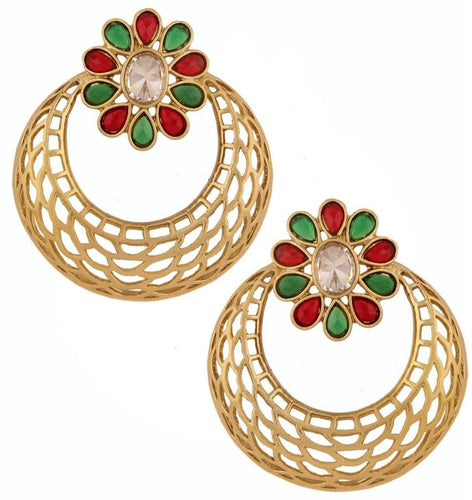 Antique Gold Plated Filigree Red Green Kundan Chaand Bali Earring For Women