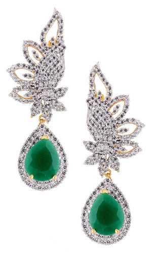 American Diamond Emerald Green Leaf Rhodium Festive Cluster Earring For Women