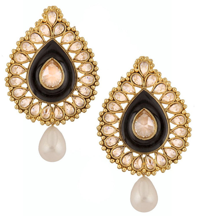 Black Meenakari Enamel Kundan Gold Plated Pear Drop Ethnic Earring For Women