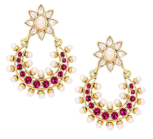 Chaand Crescent18K Gold Plated Magenta Pink Kundan Pearl Dangling Earring For Women