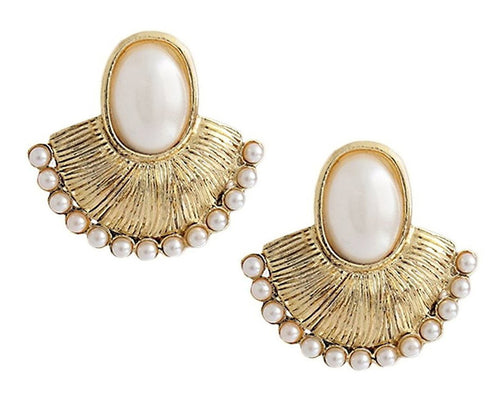 Antique Gold Plated Oval Pearl Stud Earring For Women