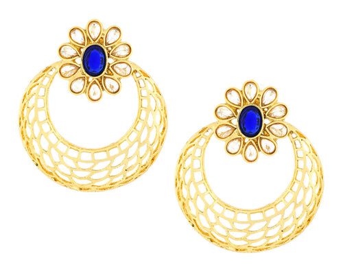 Blue Kundan Gold Plated Antique Finish Jaali Chaand Bali Earring For Women