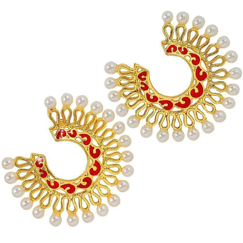 Chaand Bali Filigree Gold Plated Red Meenakari Pearl Earring For Women