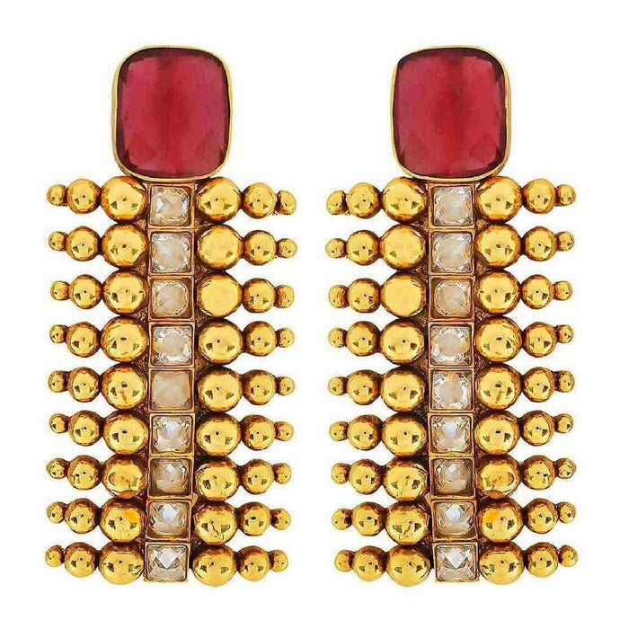 Antique Temple 22K Gold Plated Kundan Polki Ruby Red Earring For Women