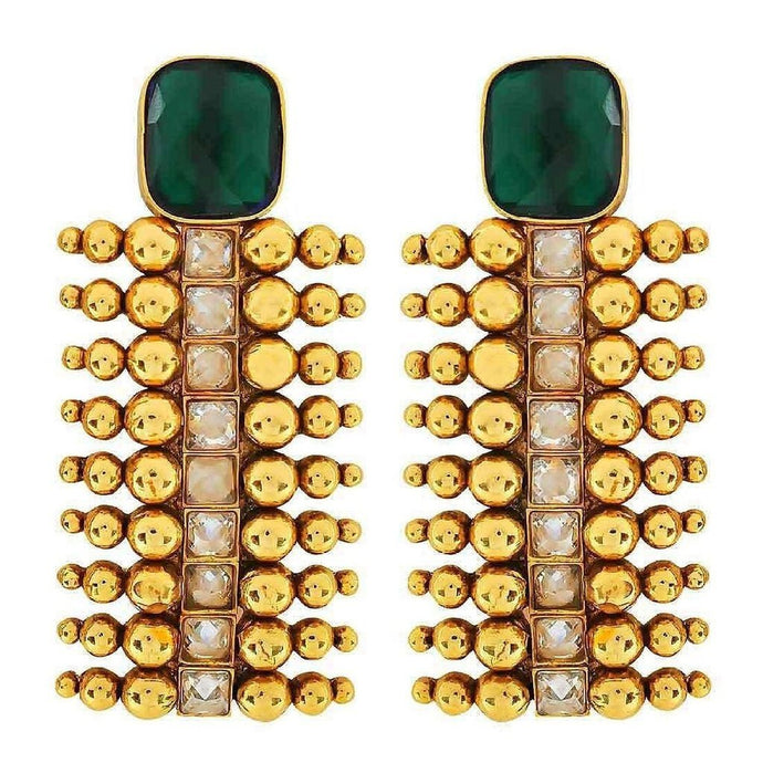 Antique Temple 22K Gold Plated Kundan Polki Emerald Green Earring For Women