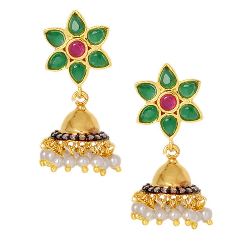 Cute Flower Emerald Green Ruby Red American Diamond Gold Plated Jhumki Earring For Women