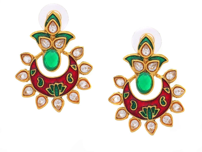 Chaand Bali Kundan Pearl Green Red Meenakari Gold Plated Earring For Women