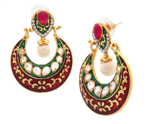 Chaand Bali Kundan Pearl Green Maroon Meenakari Gold Plated Earring For Women