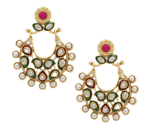 Chaand Bali Festive Kundan Pearl Ruby Red Gold Plated Earring For Women