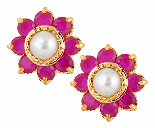 Cute Daily Wear Flower Ruby Red Pearl Gold Plated Stud Earring For Women