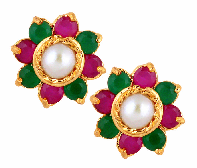 Cute Daily Wear Flower Ruby Red Emerald Green Pearl Gold Plated Stud Earring For Women