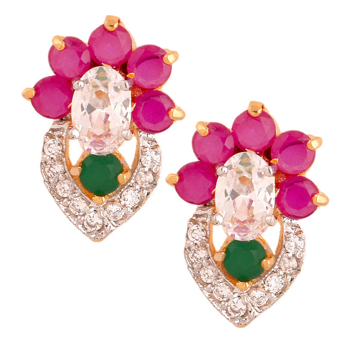 Cute Daily Wear Flower Ruby Red Emerald Gold Plated Stud Earring For Women