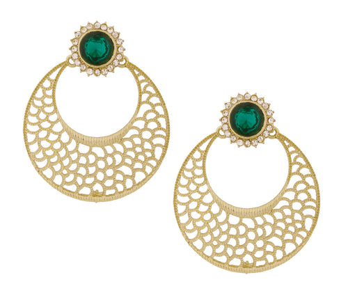 Chaand Bali Filigree Antique Rhodium Plated Green Earring For Women