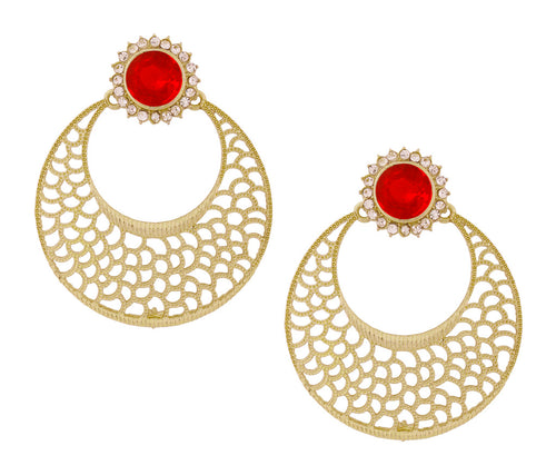 Chaand Bali Filigree Antique Rhodium Plated Red Earring For Women