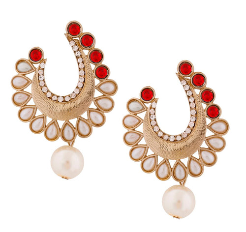 Crescent Antique Rhodium Red CZ Pearl Earring For Women