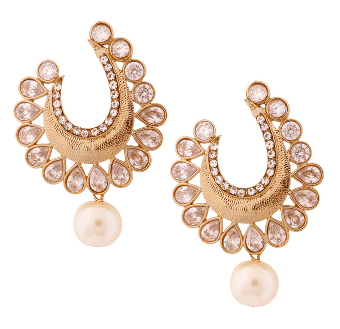 Chaand Bali Antique Gold Plated Kundan Polki Pearl Earring For Women