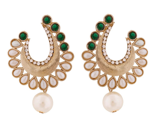 Crescent Antique Rhodium Green CZ Pearl Earring For Women