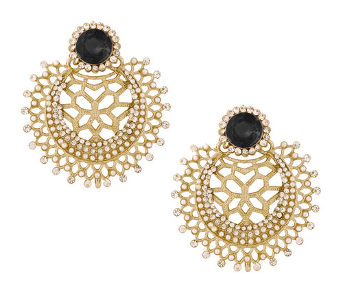 Chaand Bali Filigree American Diamond Pearl Rhodium Black Stud Earring For Women