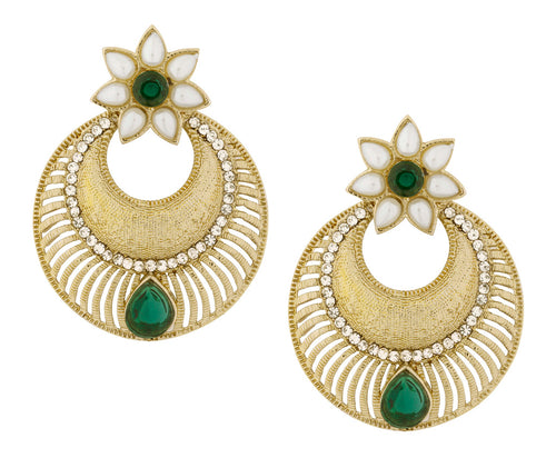 Chaand Bali Filigree Antique Rhodium Plated Green Earring For Women