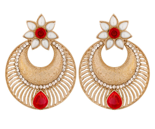 Chaand Bali Filigree Antique Rhodium Plated Red Earring For Women