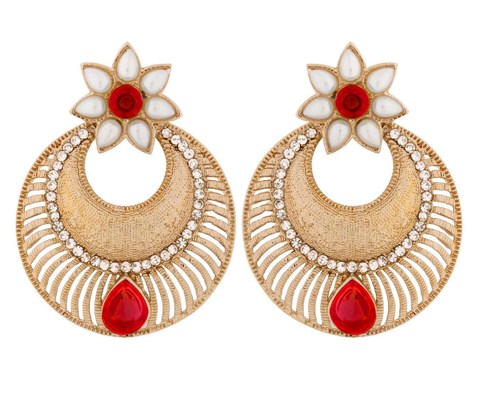 Chaand Bali Filigree Antique Rhodium Plated Red Earring For Women