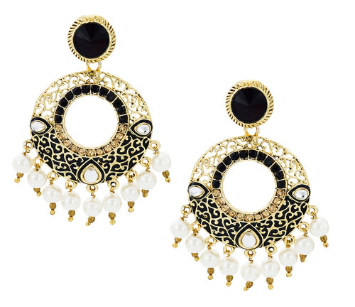 Chaand Bali Filigree Black Meenakari Kundan Pearl Earring For Women