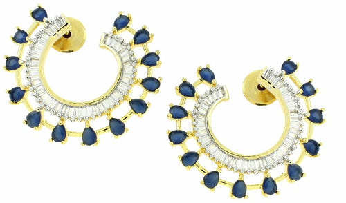 Chaand Crescent American Diamond Sapphire Blue Baguette 18K Gold Plated Classic Stud Earring For Women