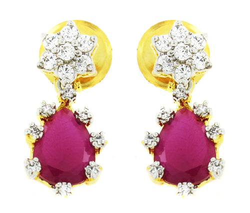 7 Stone Flower Nakshatra 18K Gold Plated American Diamond Ruby Red Stud Earring For Women