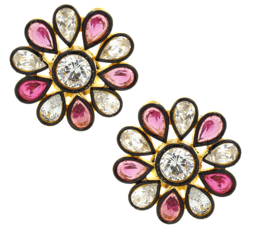 7 Stone Flower Kundan Polki American Diamond Sapphire Pink Gold Plated Stud Earring For Women