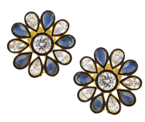 7 Stone Flower Kundan Polki American Diamond Sapphire Blue Gold Plated Stud Earring For Women