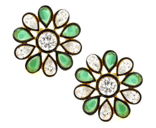 7 Stone Flower Kundan Polki American Diamond Emerald Green Gold Plated Stud Earring For Women