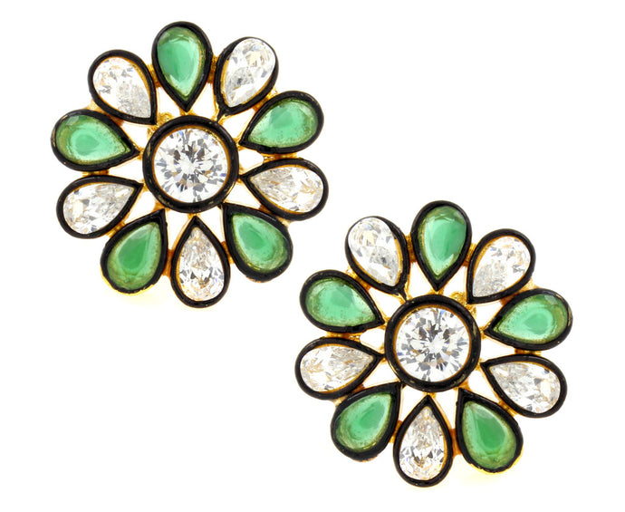 7 Stone Flower Kundan Polki American Diamond Emerald Green Gold Plated Stud Earring For Women