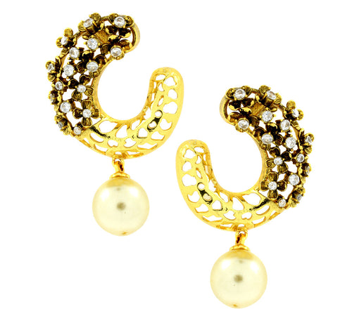 3D Flower Antique Gold Plated American Diamond Pearl Stud Earring For Women