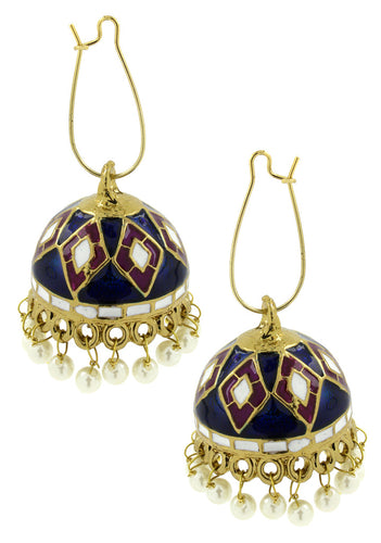 Blue Purple White Gold Plated Meenakari Pearl Enamel Jhumki Earring For Women