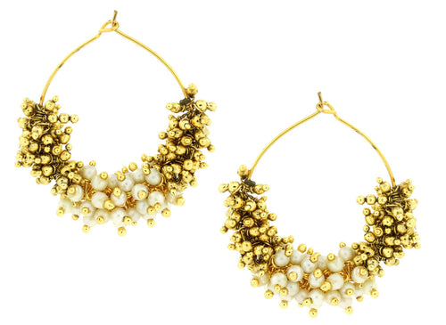 Antique Gold Plated Cluster Pearl Bali Hoop Earring For Women