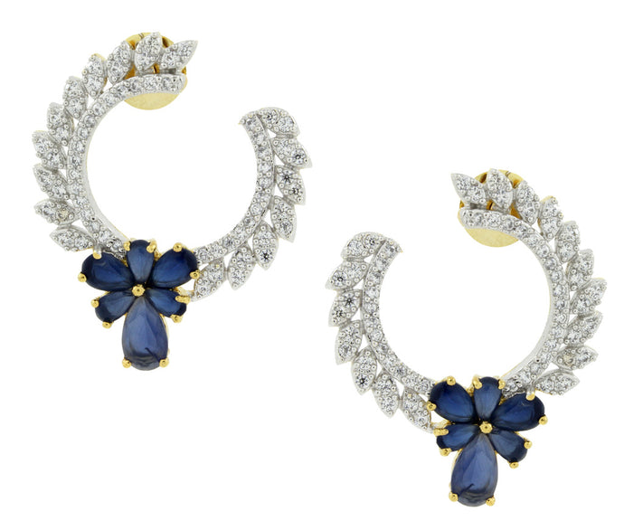 Chaand Flower American Diamond CZ Sapphire Blue Gold Rhodium Plated Festive Earring For Women