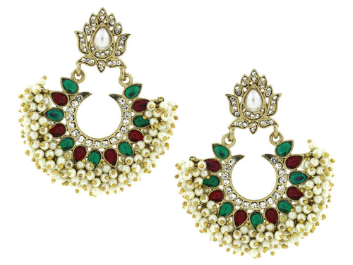 American Diamond Pearl Ruby Red Emerald Green Gold Plated Festive Chaand Baali Earring For Women