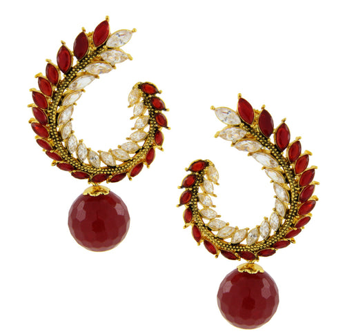 Crescent Marquise Ruby Red American Diamond CZ Gold Plated Chaand Bali Jhumki Earring For Women