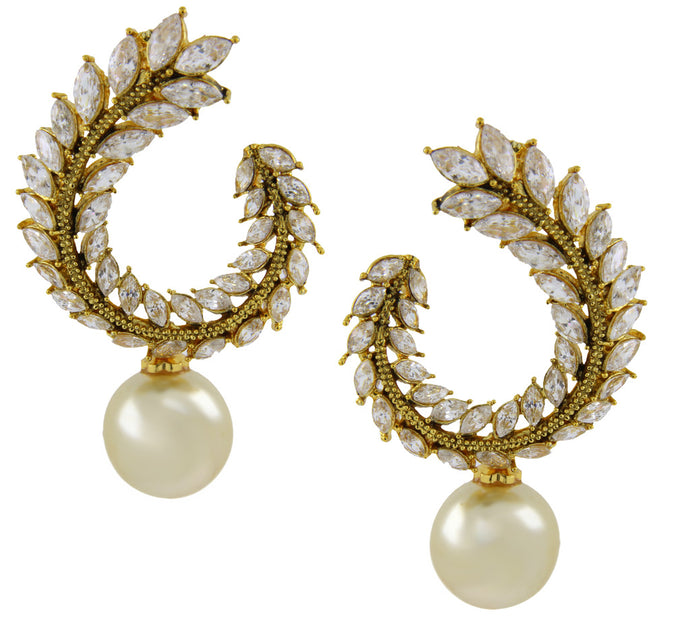 Crescent Marquise Pearl American Diamond CZ Gold Plated Chaand Bali Jhumki Earring For Women