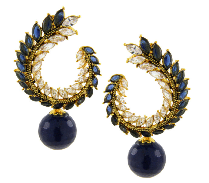 Crescent Marquise Blue American Diamond CZ Gold Plated Chaand Bali Jhumki Earring For Women