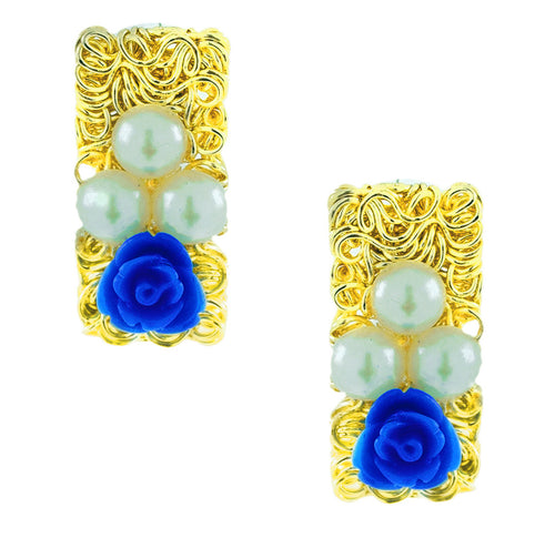 Daily Wear Gold Plated Dark Blue Flower Pearl Stud Earring For Women