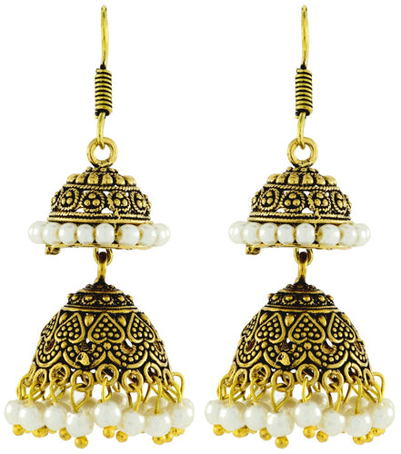 Antique Oxidized Gold Plated Pearl Double Jhumki Earring For Women